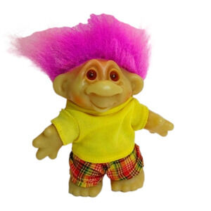 Vintage Dam 1986 PVC Troll Doll Purple Hair Yellow Shirt Plaid Pants